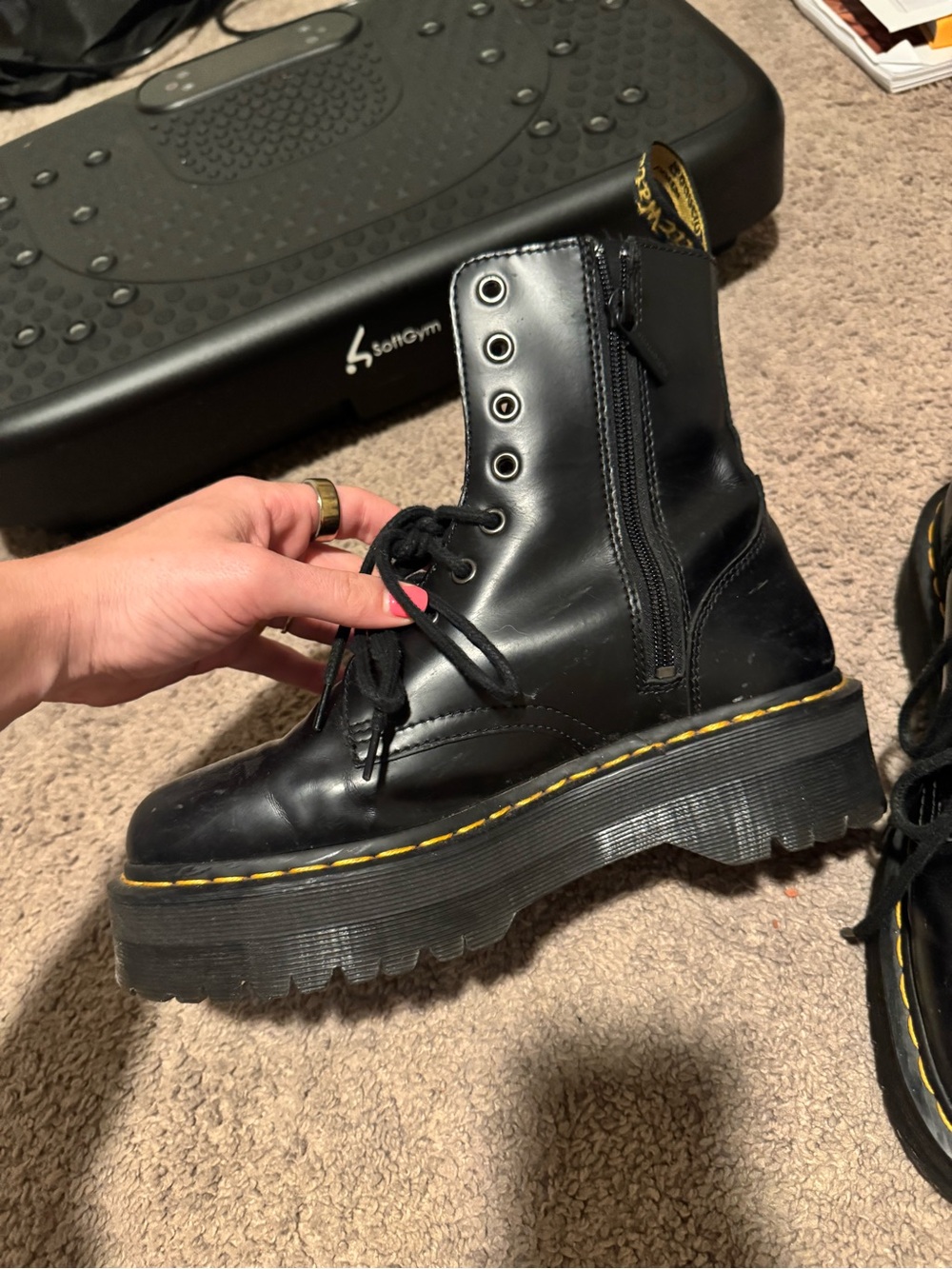 Dr. Martens Black Leather Platform Combat Boot with Yellow Stitching